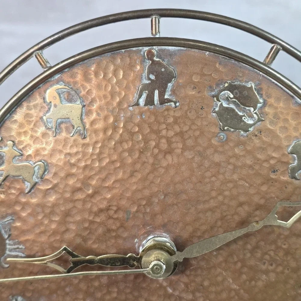 VTG Rare Art Deco Hammered Copper Zodiac Table Mantel Clock Brass Footed Works